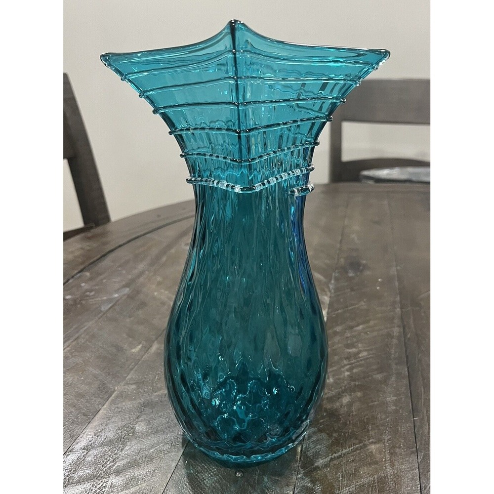 Blenko 1110 Optic Vase Seabreeze Blue 10.5" Applied Clear Swirl